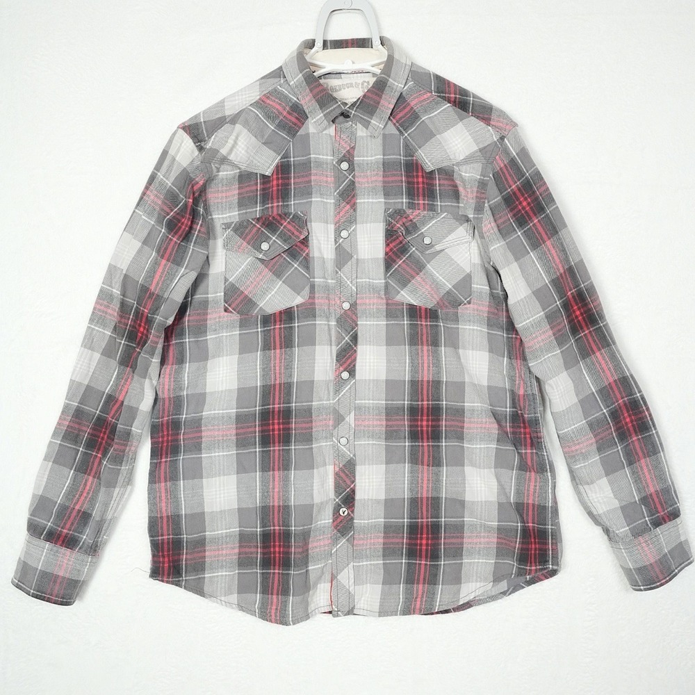 Roebuck & Co Mens Grey Red Plaid‎ Western Pearl Snap Long Sleeve Shirt Size M